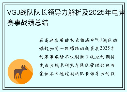 VGJ战队队长领导力解析及2025年电竞赛事战绩总结